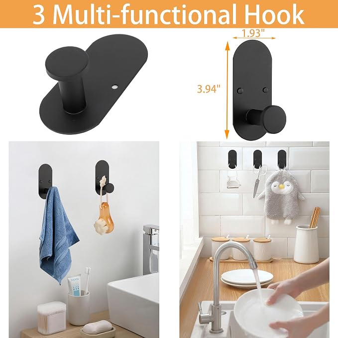 TocTen 5 Pieces Wall Mounted or Self Adhesive Towel Bar Set, Stainless Steel Bathroom Hardware Set Include 16″ Towel Rack, Toilet Paper Holder, 3 Towel Hook, Sticky Bathroom Accessory Kit (Black)
