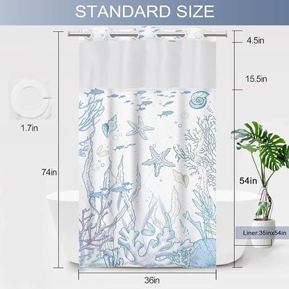 Small No Hook Shower Curtain and Liner Set, Blue Beach Coastal 36x74 | Nautical Ocean for Bathroom, with Snap in Liner Replacement, Mesh Top Window, Waterproof, Machine Washable, Quick-Drying