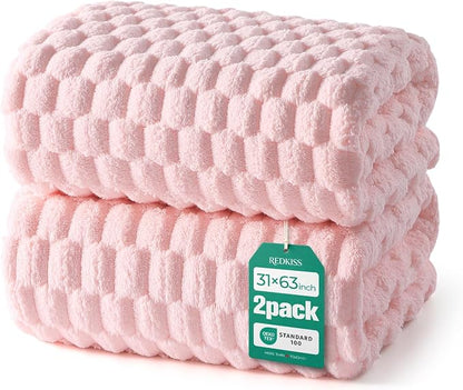 REDKISS Pink Microfiber Bath Towels Lagre, 30"x60" Super Absorbent Towels | 2 Pack Quick Dry, Super Soft, Lint Free, Fluffy Towel for Bathroom, Spa, Gym, Travel, Dorm, Ideal Everyday Use