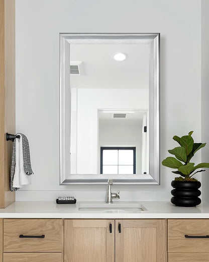 CULER Silver Wall Mirror for Bathroom,Rectangle 24 x 36 inch Vanity Mirrors | Rustic Hanging Mirror with Wood Grain Pattern for Living Room,Bedroom,Entryway