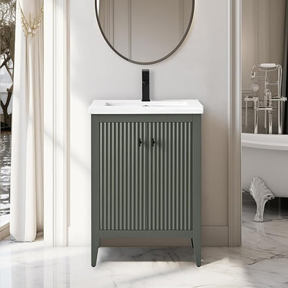 Vanity Art 24 inch Bathroom Vanity with Single Sink & Ceramic Top, Vanity Cabinet with Soft-Closing Door, Solid Wood Frame, Linear Pattern, Vintage Green, VA9124-VG-MB,Matte Black Handles
