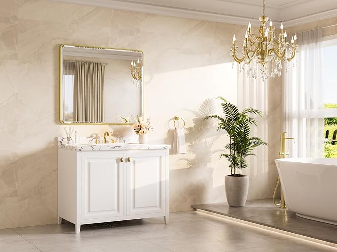 Brushed Gold Mirrors for Wall 42 x 36 Beveled Edge Tempered Glass, Rounded Corner Rectangle Framed Mirror for Modern Bathroom, Living Room, Bedroom, Entryway