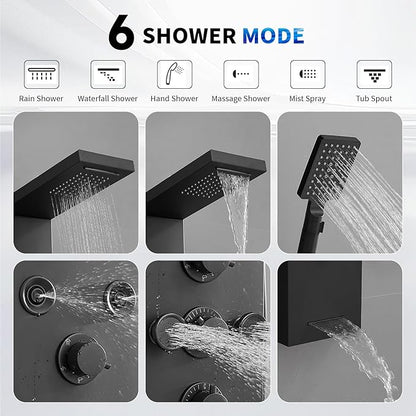 BWE Stainless Steel Shower Panel Tower System,Rainfall Waterfall Shower Head,3 Functions Handheld Shower Head,Two Modes Massage Body Jets,with Tub Spout,5 in 1 Shower Panel System,Matte Black