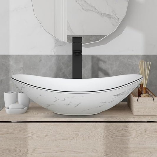 Ceramic Bathroom Sink, White Marble Boat Shape Above Counter Porcelain Vessel Sink with Black Faucet and Pop up drain Set