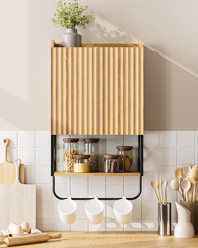 Masupu Bathroom Cabinet Wall Mounted, Wooden Medicine Cupboard with Adjustable Shelves, Space-Saving Wall Storage Unit for Bathroom, Kitchen and Living Room (9" D x 15.35" W x 27.16" H,Modern Oak)