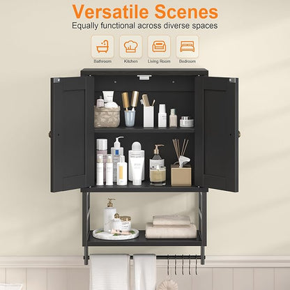 Farmhouse Medicine Cabinet - 3-Tier Wall Mounted Storage Organizer with Adjustable Shelves, Towel Bar, 5 Hooks for Small Bathroom, Laundry Room, Over Toilet, Living Room, Bedroom (Black)