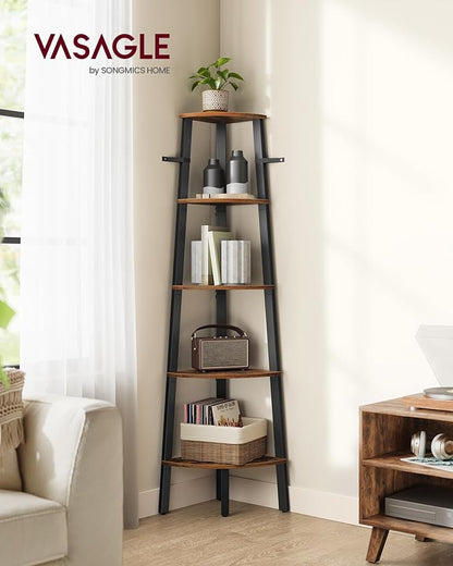 VASAGLE Corner Shelf Stand, 5-Tier Corner Bookshelf, Industrial Ladder Shelf, Plant Stand for Living Room, Office, Kitchen, Rustic Brown and Black ULLS35X