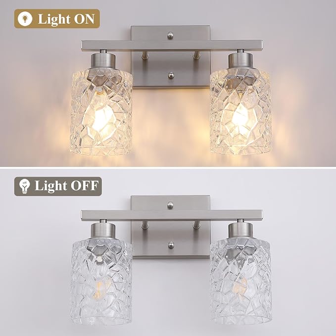 Mecgirn Stainless Steel Bathroom Vanity Light Over Mirror, 2 Light Brushed Nickel Bathroom Light Fixtures with Textured Glass Shades, Ceramic E26 Sockets Wall Mounted