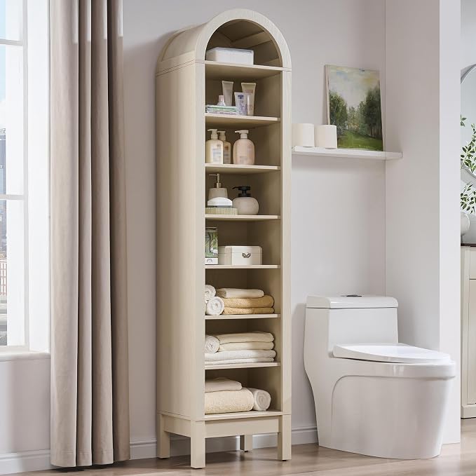 IFBUY 71" Tall Arched Bathroom Storage Cabinet, 8-Tier Modern Farmhouse Storage Cabinet with Adjustable Shelves, Wood Freestanding Cabinet for Bathroom, Living Room, Entryway, Hallway (Cream)