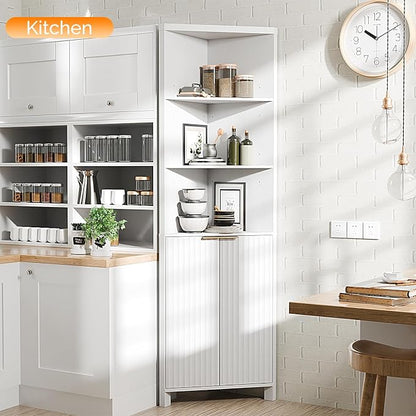 VINGLI Tall Corner Cabinet with Fluted Doors, 68" White Corner Storage Cabinet with Adjustable Shelves, Freestanding Wood Corner Bookshelf for Bathroom, Living Room & Kitchen, Space-Saving