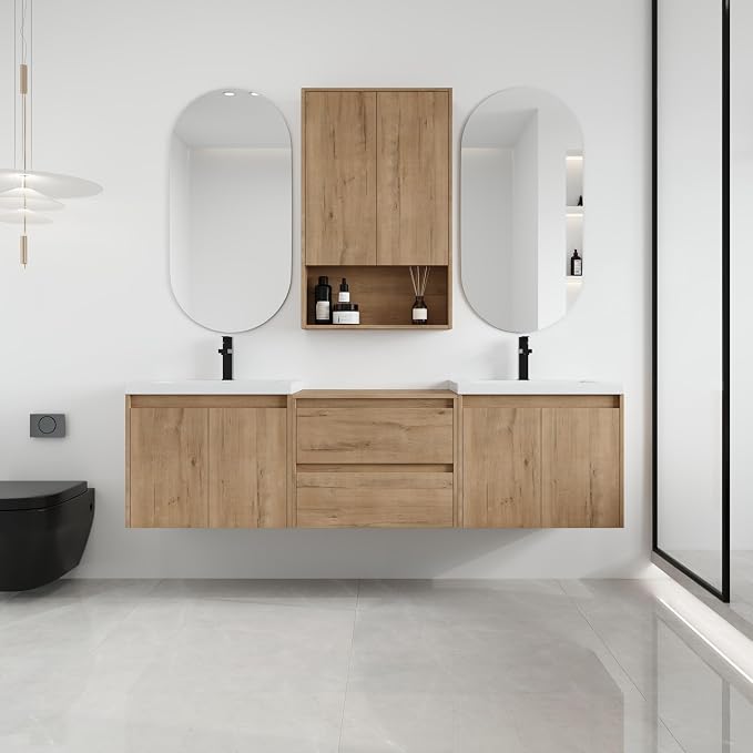 72'' Floating Bathroom Vanity with Double Sink, and 1 Side Cabinet, Brown | Double Sink Combo with 24" Side Cabinet, Plywood Cabinet, Resin Basin, Ample Storage, Soft-close Hinge, Assembly Required