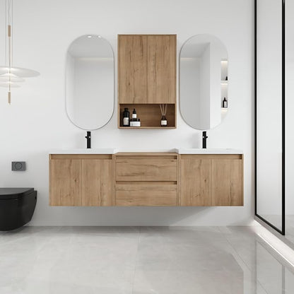 72'' Floating Bathroom Vanity with Double Sink, and 1 Side Cabinet, Brown | Double Sink Combo with 24" Side Cabinet, Plywood Cabinet, Resin Basin, Ample Storage, Soft-close Hinge, Assembly Required