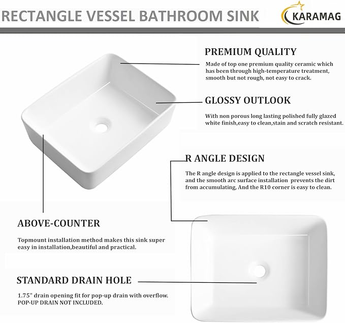 Bathroom Vessel Sink Rectangle-KARAMAG 19x15 Inch Bathroom Sink Countertop Rectangular 19 Inch Modern Above Counter White Porcelain Ceramic Vessel Vanity Sink Art Basin