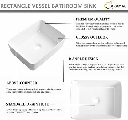 Bathroom Vessel Sink Rectangle-KARAMAG 19x15 Inch Bathroom Sink Countertop Rectangular 19 Inch Modern Above Counter White Porcelain Ceramic Vessel Vanity Sink Art Basin