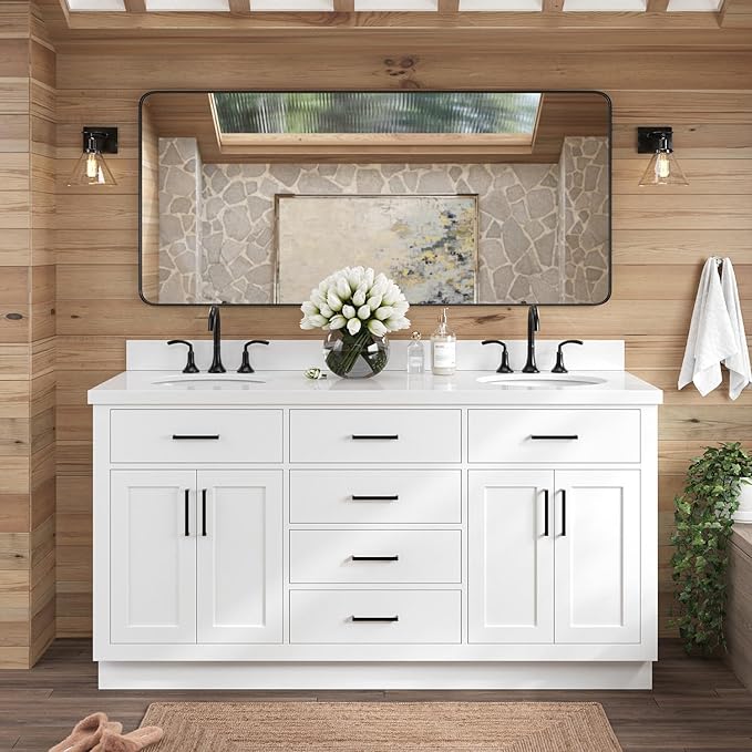 ARIEL Hepburn 66-inch Bathroom Vanity with Sink,Solid Wood, 1.5-inch Pure White Quartz Countertop & Backsplash, Double Oval Porcelain Sink, 4 Soft Closing Doors, 6 Dovetail Drawers, White