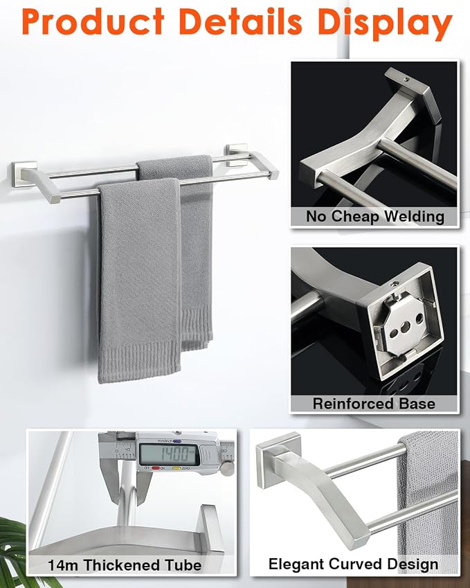 Alise Double Towel Bar, 16" Double Towel Racks for Bathroom, Brushed Nickel | Quick Drying Bathroom Towel Holder, SUS304 Stainless Steel Towel Hanger Wall Mounted, Useable Length 14.9"
