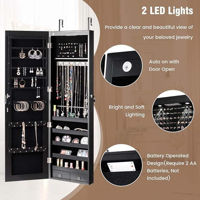 LDAILY Jewelry Armoire Wall or Door Mounted, Full-Length Mirror with Storage, Lockable Mirror Jewelry Cabinet w/ 2 Drawers, LED Lights, Over the Door Jewelry Organizer Box for Women Girls