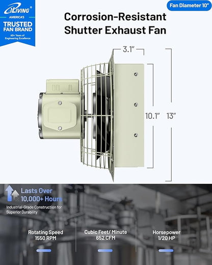 iLIVING 10-Inch Corrosion Resistance Shutter Exhaust Fan, Single Speed