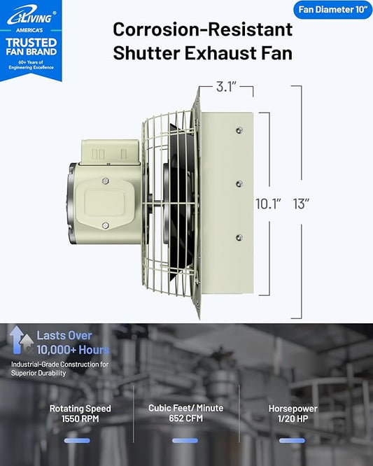 iLIVING 10-Inch Corrosion Resistance Shutter Exhaust Fan, Single Speed