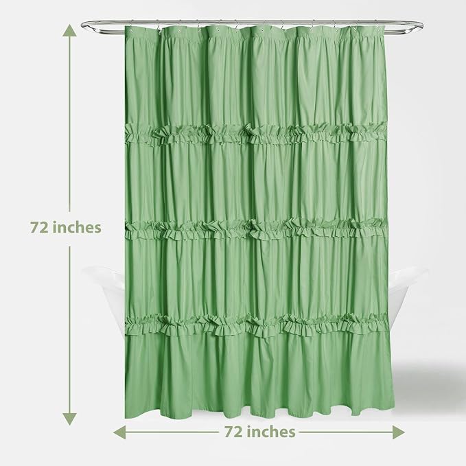 Farmhouse Ruffle Shower Curtain, Light Green, 72 x 72 in | Decorative Elegant Bathroom Curtain with 12 Holes, Soft Ruched Microfiber Fabric, Vintage Handmade Design