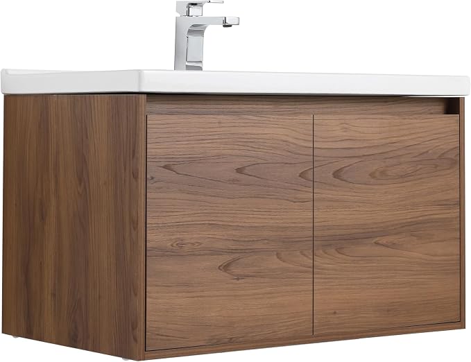 Blossom Modern 32 Inch Floating Bathroom Vanity | Walnut Wood Wall Mount Cabinet & Ceramic Sink | Water-Resistant Wood Core | Soft-Close Minimalist Storage for Master Bath