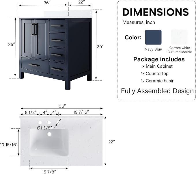 36-Inch Bathroom Vanity with Sink, 2 Soft-Close Doors and 5 Soft-Close Drawers, Bathroom Freestanding Vanity with Cultured Marble Countertop, Bathroom Navy Blue Vanity With Matte Black Handles