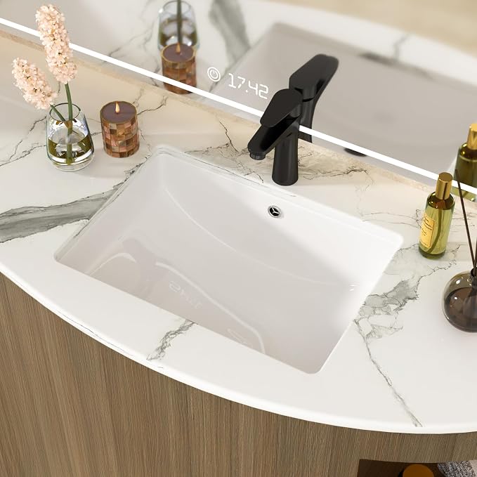 White Undermount Bathroom Sink 21.1"x15.1"Ceramic Basin | Modern Porcelain Under Counter Bathroom Vanity Sink, Interior Bowl 19.2"x 13.1", Rectangular Undermount Basin with Overflow
