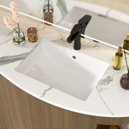 White Undermount Bathroom Sink 21.1"x15.1"Ceramic Basin | Modern Porcelain Under Counter Bathroom Vanity Sink, Interior Bowl 19.2"x 13.1", Rectangular Undermount Basin with Overflow