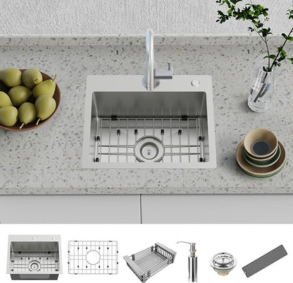 20x16In Drop In Kitchen And Bar Sink, Stainless Steel, Single Bowl | Modern Topmount Bar Sink, Come With Accessory, ideal for small kitchens, bars, prep stations, and utility areas.