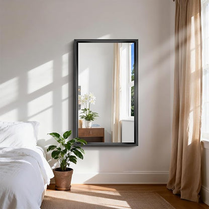 CIRCUMI 24"x40" Black Mirror with Chunky Box Metal Frame, Brushed Finish Rectangular Bathroom Mirrors for Over Sink, Living Room, Entryway, Tempered Glass Mirror for Wall, Vertical or Horizontal