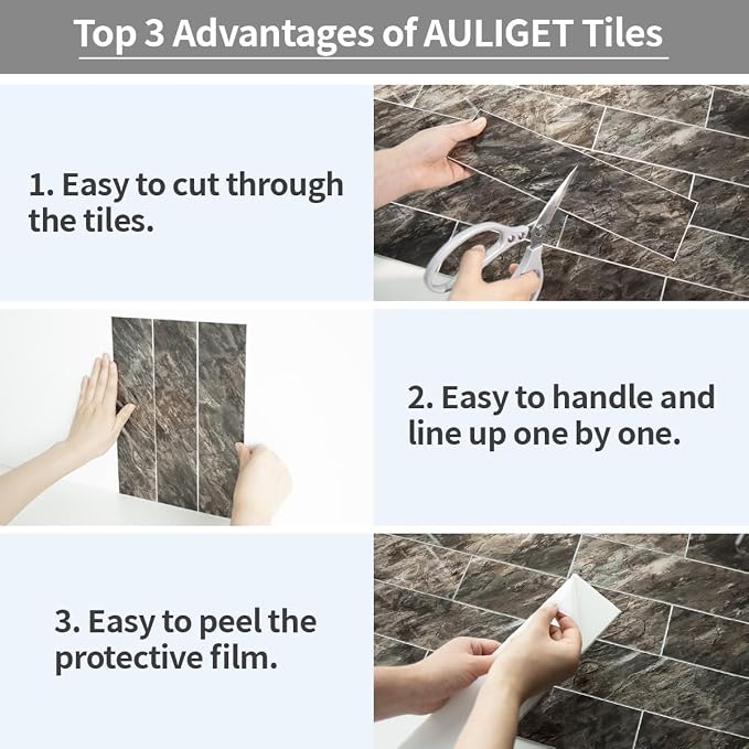 AULIGET 4-Piece Polished Brown Peel and Stick Backsplash Wall Tiles, 3" x 12" PVC Faux Stone Stick on Tiles for Backsplash Kitchen, Bathroom, Laundry Room, Camper, Fireplace
