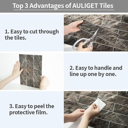 AULIGET 4-Piece Polished Brown Peel and Stick Backsplash Wall Tiles, 3" x 12" PVC Faux Stone Stick on Tiles for Backsplash Kitchen, Bathroom, Laundry Room, Camper, Fireplace