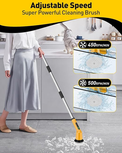 Electric Spin Scrubber for Bathroom, Shower Scrubber with Long Handle | Shower Cleaner Brushes, IPX7 Waterproof & 2 Speed, 3 Brush Heads, 90min Runtime, Bathroom Cleaning Supplies for Toilet Tub