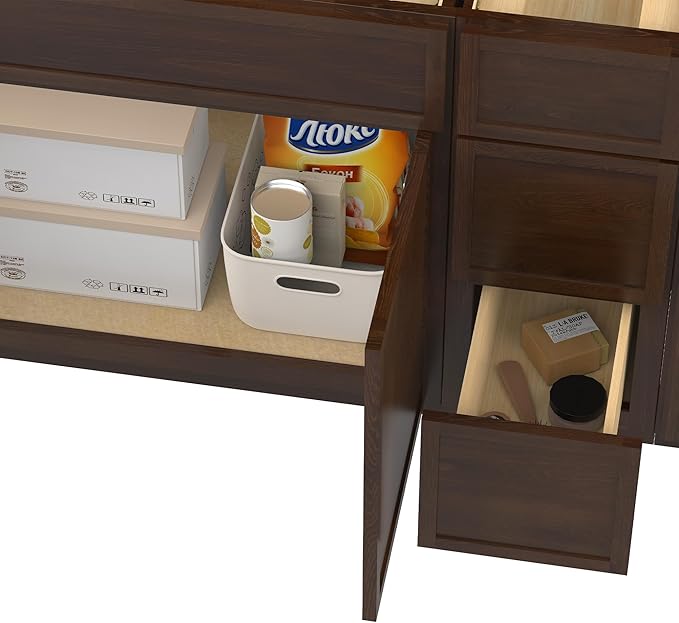 HomeBeyond 90 Inches Bathroom Vanity Base Cabinet Without Sink, Double Sink Top Sturdy Floor Mounted Cabinet with Door & Soft Closing Drawers, Brown, VA4139-2+VA4112-3