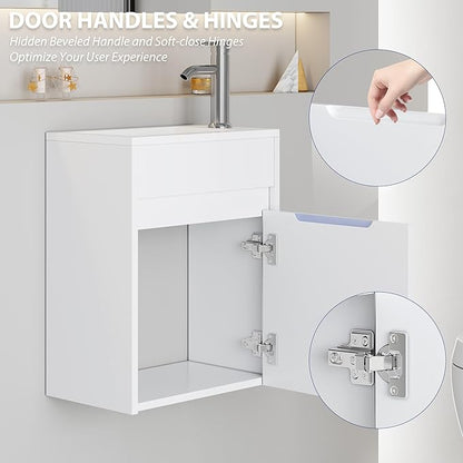 eclife 16" Small Bathroom Vanity Sink Combo, Modern Painted Wall Mounted Floating Cabinet W/Resin Basin Sink Top, Chrome Water Save Faucet & Pop Up Drain (White)