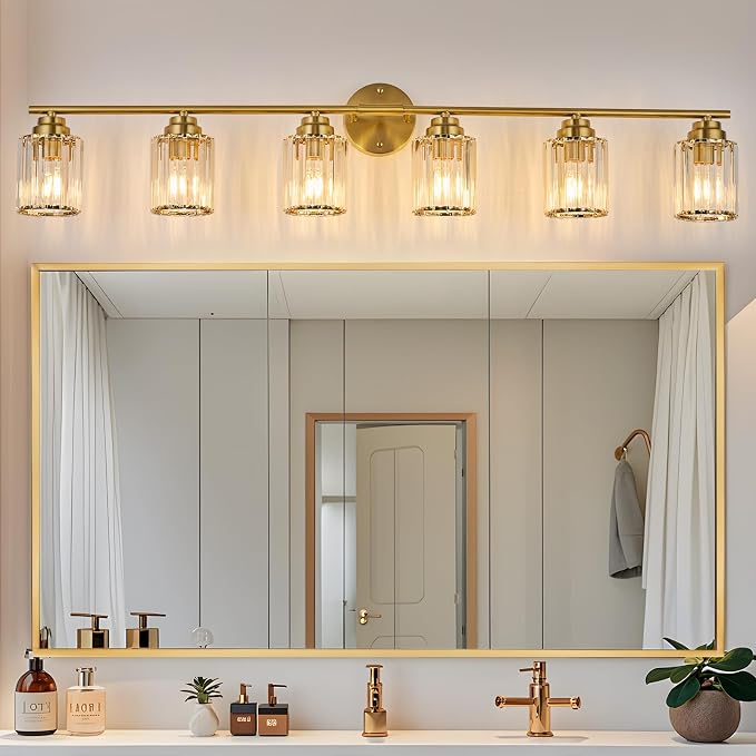 Modern 45.7" Crystal Vanity Light, 6 Light Bathroom Light Fixtures, Gold Vanity Light with Clear Crystal Shades, E26 Base Wall Sconces Vanity Lights for Bathroom Powder Room