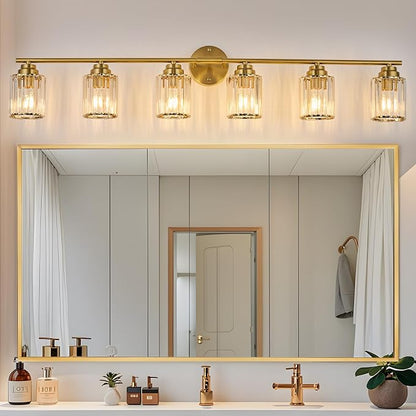 Modern 45.7" Crystal Vanity Light, 6 Light Bathroom Light Fixtures, Gold Vanity Light with Clear Crystal Shades, E26 Base Wall Sconces Vanity Lights for Bathroom Powder Room