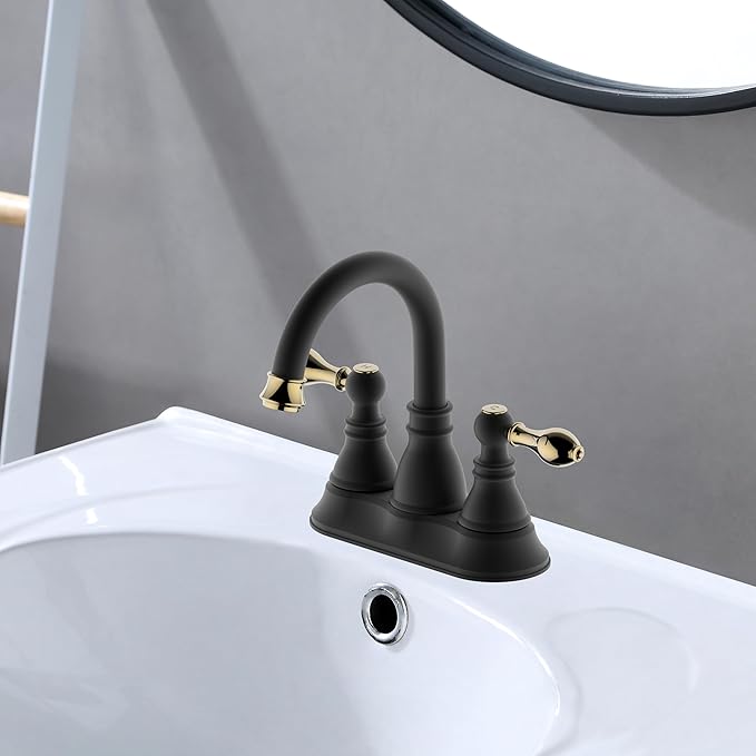 Two Handle Bathroom Sink Faucet,3 Hole with Overflow Pop up Drain, 360° Swivel Spout 4 Inch Centerset Lavatory Faucet,Matte Black with Polished Brass Trim Finished,F-4501-MG