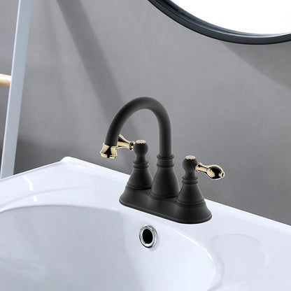 Two Handle Bathroom Sink Faucet,3 Hole with Overflow Pop up Drain, 360° Swivel Spout 4 Inch Centerset Lavatory Faucet,Matte Black with Polished Brass Trim Finished,F-4501-MG