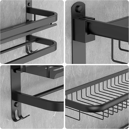 Foldable 23.22 Inch Rowel Rack Wall Mounted with Bathroom Shower Shelves Stainless Steel Towel Bar Without Drilling and Screw Installation (Black)