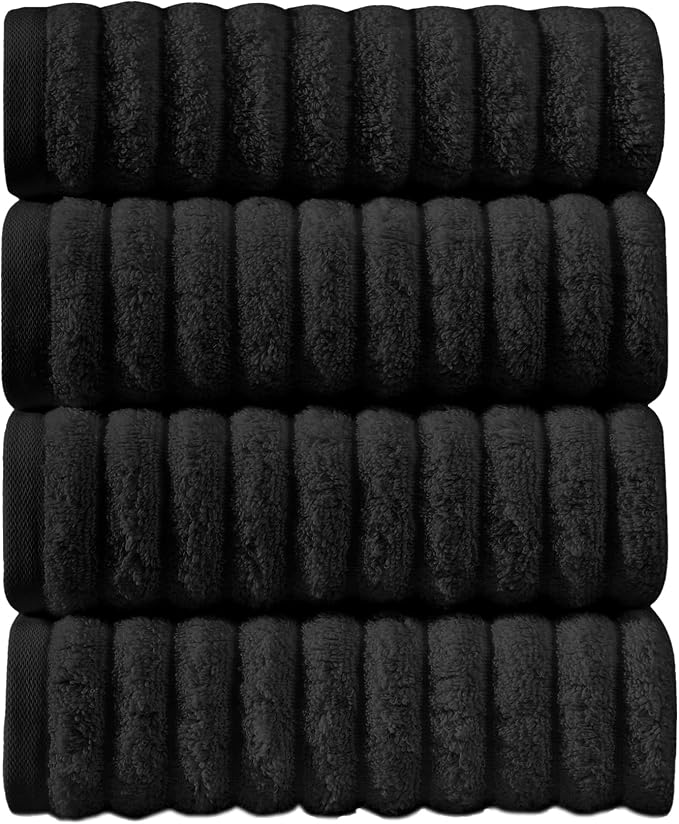 Elegant Comfort Luxury 100% Turkish Cotton Corduroy Ribbed 4 Pack Hand Towel Set 16 x 28 Inch - Absorbent, Super Soft, Quick Dry, Premium Towels for Bathroom, Gym, Spa and Hotel Use, Black