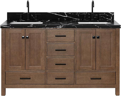 ARIEL Cambridge 60 Inch Double Rectangle Sink Bathroom Vanity with Nero Marquina Black Quartz Countertop 1.5 Inch in Brown Oak