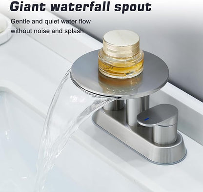 Waterfall Bathroom Faucet, Brushed Nickel Bathroom Sink Faucet 3 Hole | faucet for bathroom sink, 4 inch vanity fixture, two handle basin mixer, round shelf, metal pop-up drain, remodel layouts