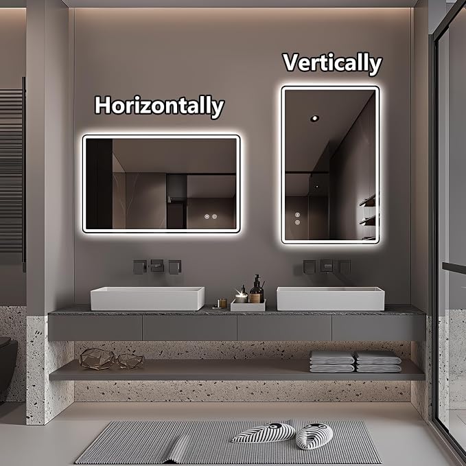 Niccy Rectangle LED Bathroom Mirrors, Vanity Mirror with Lights, 20"x32" | Frameless Lighted Mirror for Bedroom Living Room, 3 Colors & Stepless Dimmable Anti-Fog Memory Function, Horizontal/Vertical