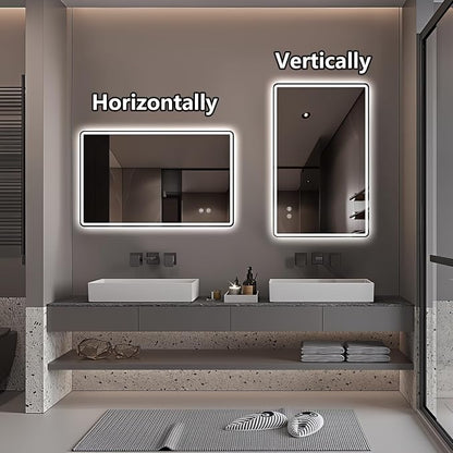 Niccy Rectangle LED Bathroom Mirrors, Vanity Mirror with Lights, 20"x32" | Frameless Lighted Mirror for Bedroom Living Room, 3 Colors & Stepless Dimmable Anti-Fog Memory Function, Horizontal/Vertical
