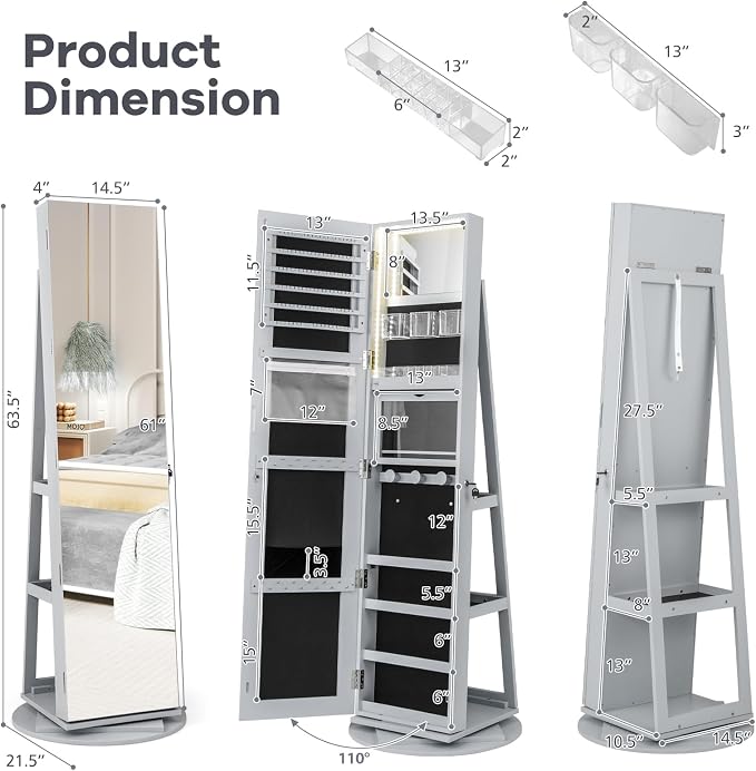 CHARMAID 360° Swivel Jewelry Armoire with Full Length Mirror, Rear Storage Shelves, Lockable Standing Jewelry Cabinet Organizer with Interior Vanity Mirror and 3-Color Lights (Gray)