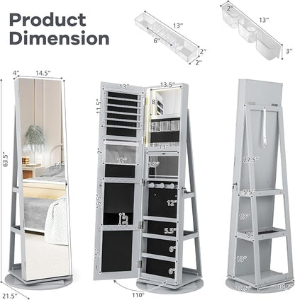 CHARMAID 360° Swivel Jewelry Armoire with Full Length Mirror, Rear Storage Shelves, Lockable Standing Jewelry Cabinet Organizer with Interior Vanity Mirror and 3-Color Lights (Gray)