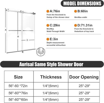 Frosted Sliding Shower Door, 56-60" W x 76" H-1/4” (6mm), Frosted Glass Shower Door with 4" Left Adjustable Width, 304 Stainless Steel Hardware, Quiet Rollers, Bottom Water Seal,Brushed Nickel