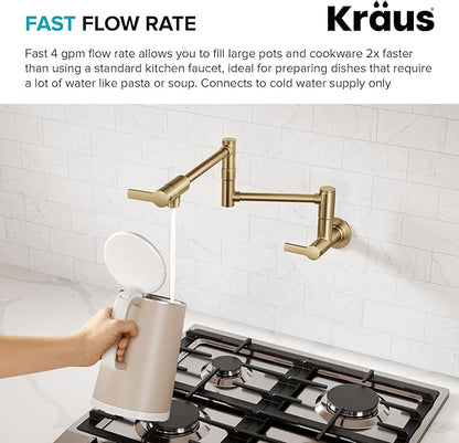 KRAUS Oletto Pot Filler Faucet with Retractable Arm, Wall Mount Kitchen Faucet, Pot Filler for Stove in Spot-Free Brushed Brass, KPF-5001SFBB