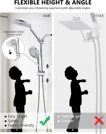 PDPBath High Pressure Rainfall Shower Head with Handheld Combo, 10 Setting Handheld Shower Head, Dual Handheld Shower Head Combo with Slide Bar for Easy Reach, Chrome